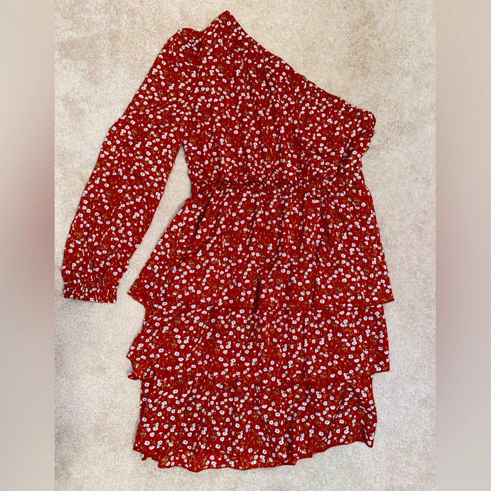 Floral Print One-Shoulder Ruffle Dress
